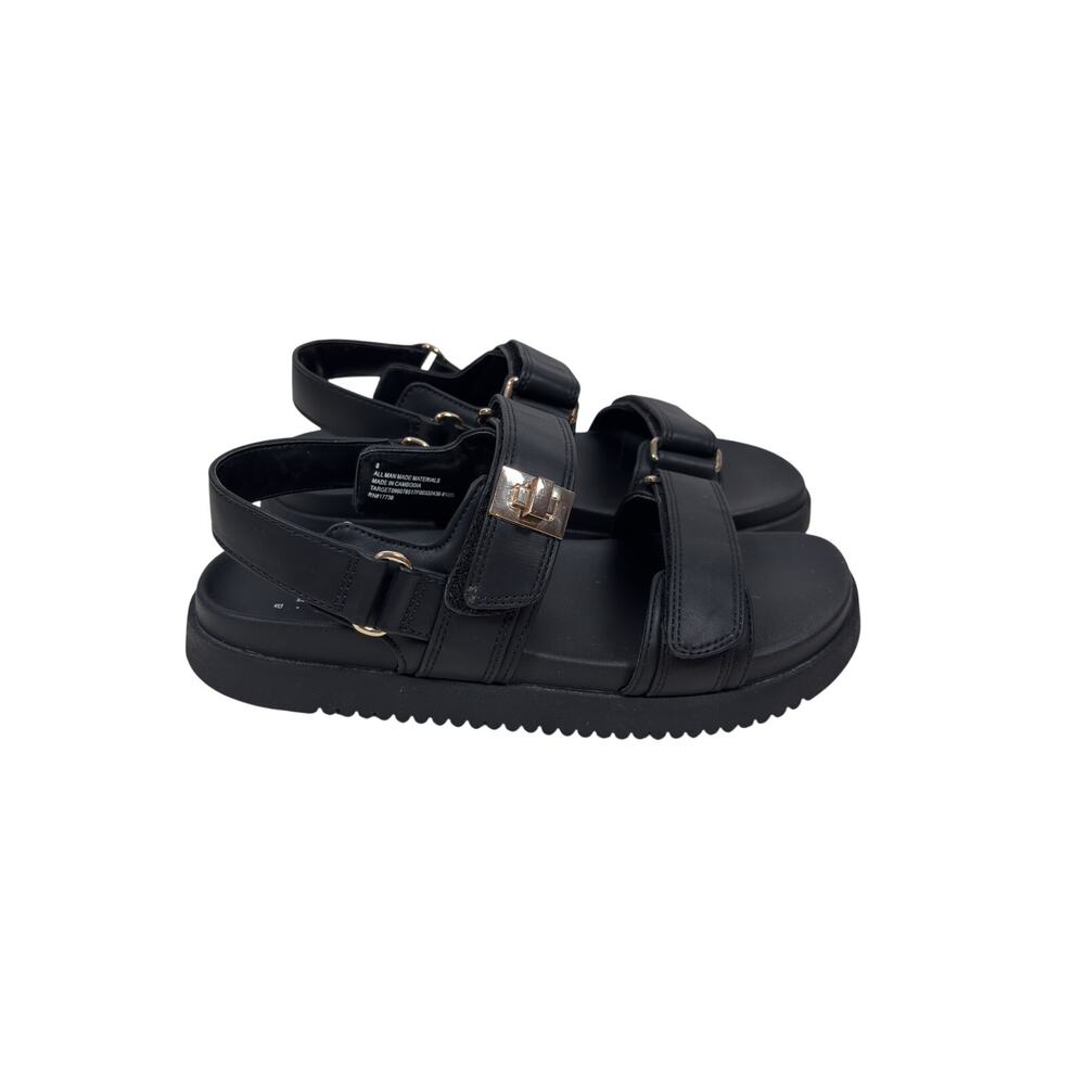A New Day Platform Sandals Womens 8 Black Gold Hardware 3-Strap Molded Footbed